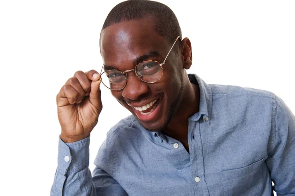 Close Retrato Homem Negócios Afro Americano Rindo Com Óculos Contra — Fotografia de Stock