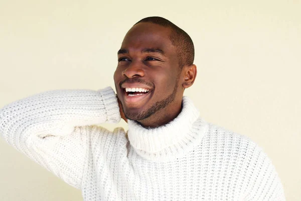 Close Portrait Cheerful African Man Laughing Sweater — Stock Photo, Image