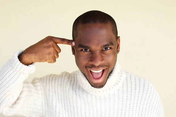 Close Portrait Happy African American Man Finger Pointing Head — Stock Photo, Image