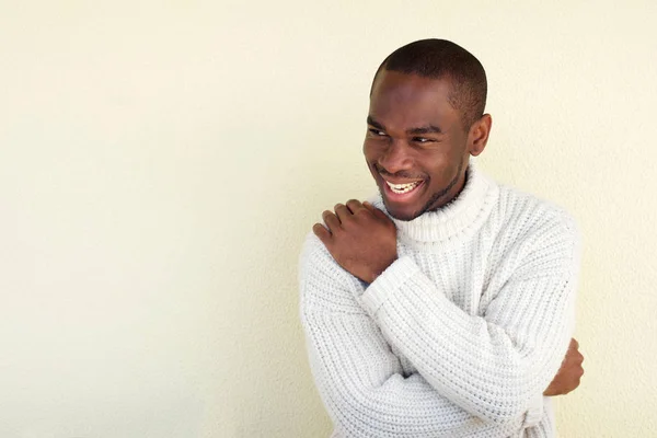 Portrait Happy Young Black Man Sweater Laughing Looking Away — Stock Photo, Image