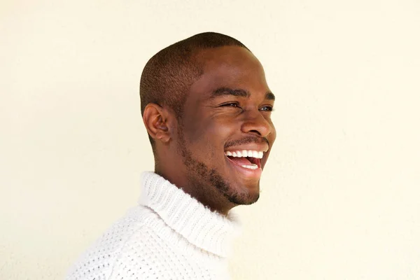 Close Side Portrait Handsome African American Man Sweater Laughing Looking — Stock Photo, Image