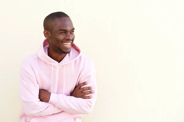 Portrait Cheerful Young Black Man Posing Arms Crossed Wall — Stock Photo, Image