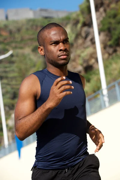 Portrait Healthy Young African American Man Running Outdoors — Stock Photo, Image