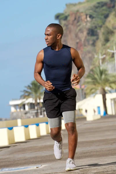 Full Length Portrait Young Black Man Jogging Outdoors — Stock Photo, Image