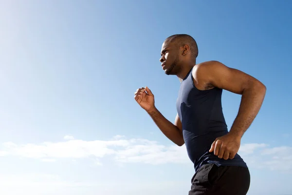 Side Portrait Active Young Black Man Running Outdoors — Stock Photo, Image