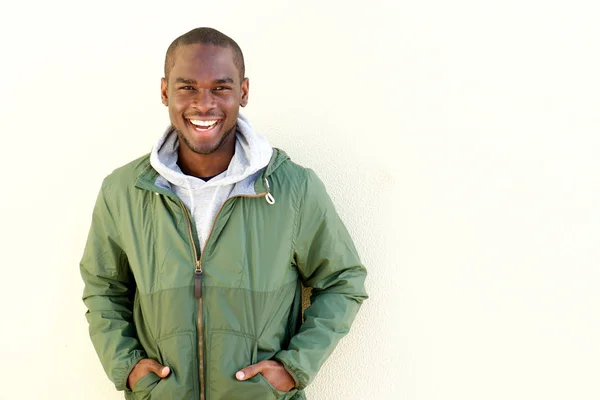 Portrait Happy African American Man Posing Windbreaker Wall — Stock Photo, Image