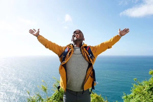 Portrait African American Male Hiker Backpack Arms Open — Stock Photo, Image