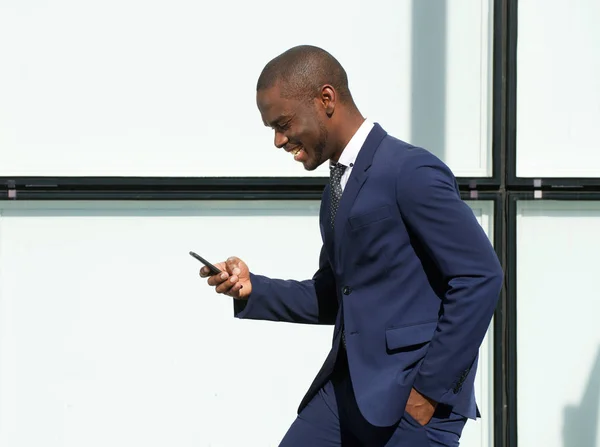 Side Portrait Happy African American Corporate Businessman Walking Cellphone City — Stock Photo, Image