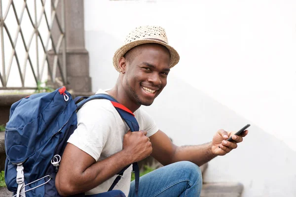 Side Portrait Happy African American Male Tourist Sitting Stairs Bag — Stock Photo, Image