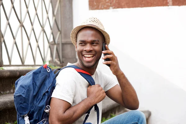 Side Portrait Happy African American Male Tourist Sitting Stairs Bag — Stock Photo, Image