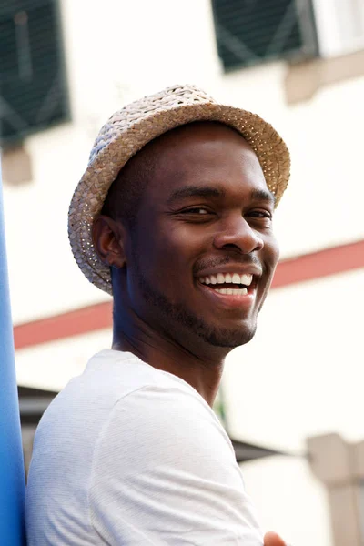 Close Side Portrait Happy Young Black Guy Hat Smiling — Stock Photo, Image