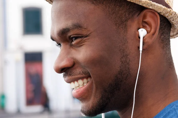 Close Side Portrait Happy Young Black Guy Earphones — Stock Photo, Image