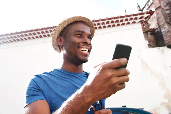 Close Portrait Happy Young Black Man Mobile Phone — Stock Photo, Image