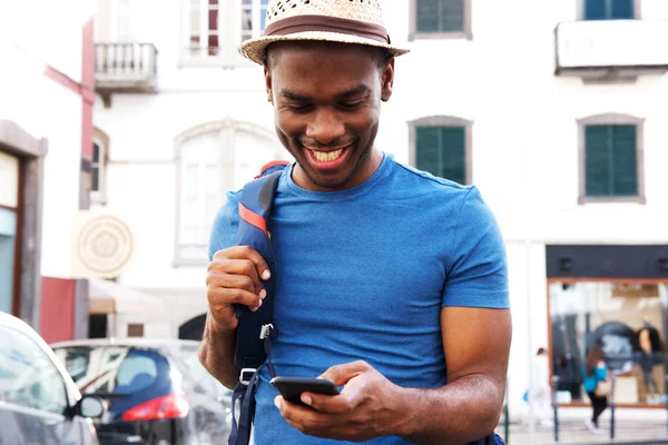 Portrait Happy Young Male Tourist Walking Mobile Phone Bag City — Stock Photo, Image