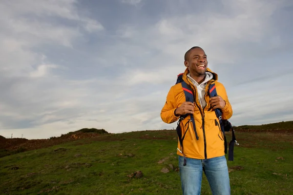 Candid Portrait Happy Young Black Man Backpacking Fields — Stock Photo, Image