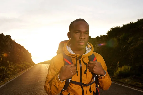 Portrait Young African American Travel Man Walking Road Sunrise Backpack — Stock Photo, Image