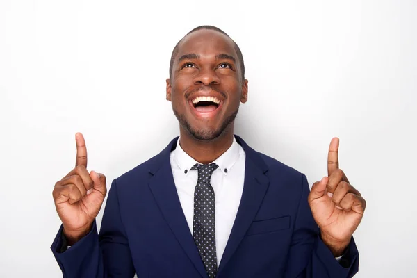 Close Portrait African American Businessman Laughing Fingers Pointing — Stock Photo, Image