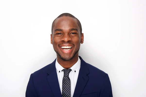 Close Retrato Feliz Empresário Afro Americano Sorrindo Contra Parede Branca — Fotografia de Stock