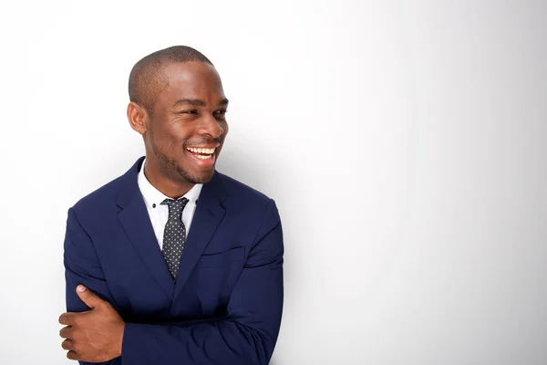 Porträt Eines Glücklichen Afrikanisch Amerikanischen Mannes Geschäftsanzug Vor Weißem Hintergrund — Stockfoto
