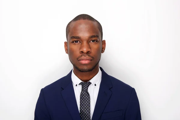 Nahaufnahme Porträt Eines Afrikanisch Amerikanischen Geschäftsmannes Vor Weißem Hintergrund — Stockfoto