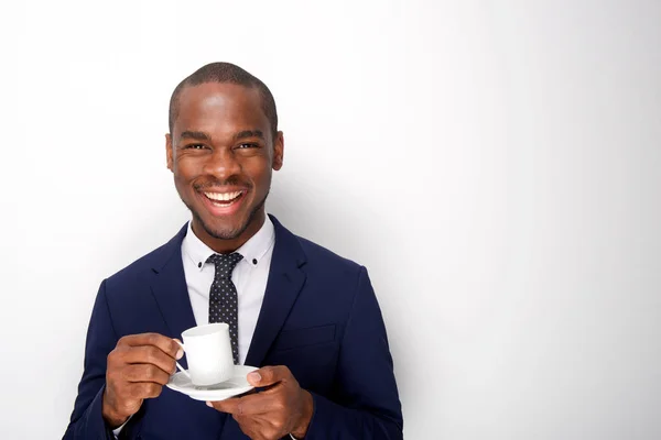 Porträtt Glada Afrikanska Amerikansk Affärsman Holding Kopp Kaffe — Stockfoto