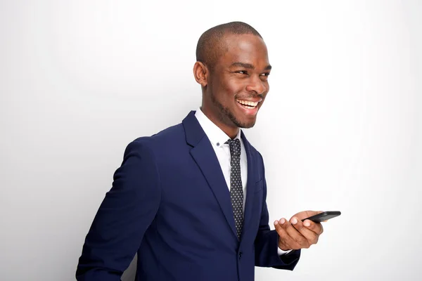 Retrato Lateral Jovem Empresário Afro Americano Com Telefone Celular — Fotografia de Stock