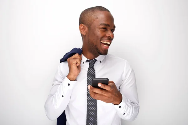 Portret Van Gelukkig Zwarte Zakenman Houden Van Mobiele Telefoon Lachen — Stockfoto