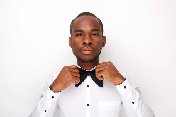 Close Portrait Cool African American Man Adjusting Bowtie — Stock Photo, Image