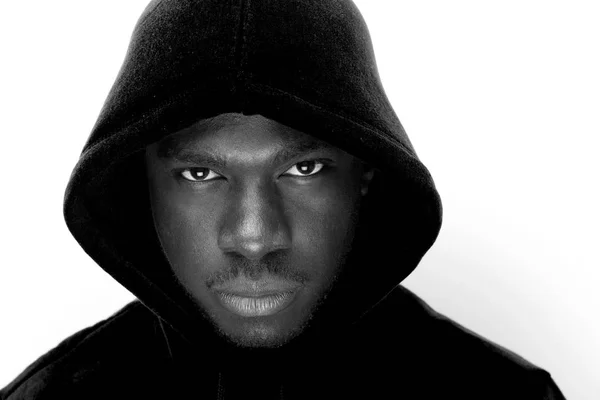 Gros Plan Portrait Noir Blanc Jeune Homme Noir Capuche — Photo