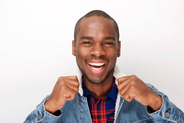 Close Portrait Cool Young Black Male Fashion Model Smiling Denim — Stock Photo, Image