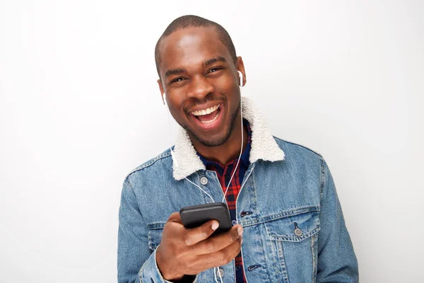 Close Portrait Happy Young African Guy Listening Music Smart Phone — Stock Photo, Image