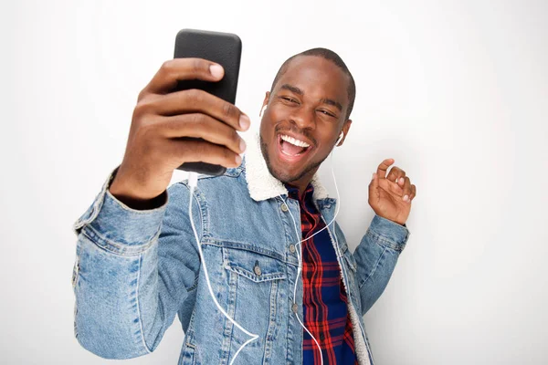 Portrait Happy Young Black Guy Listening Music Smart Phone Earphones — Stock Photo, Image
