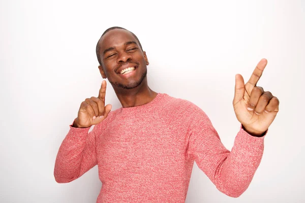 Portret Van Knappe Jonge Leuke Zwarte Man Dansen Tegen Witte — Stockfoto