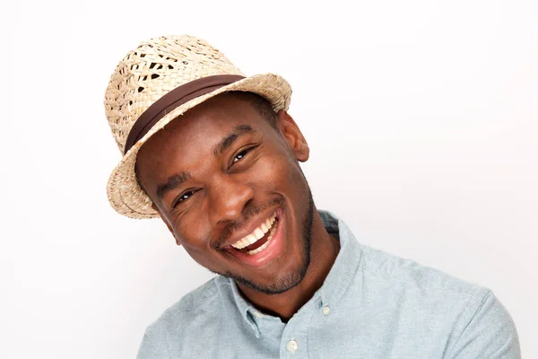 Close Portrait Happy Young African American Man Laughing Hat White — Stock Photo, Image