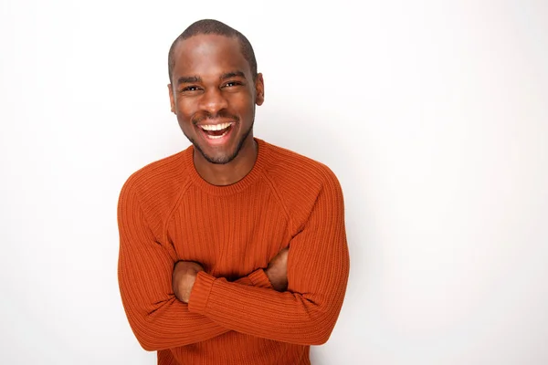 Portrét Šťastného Afroamerického Muže Zbraněmi Zkříženýma Izolovaném Bílém Pozadí — Stock fotografie