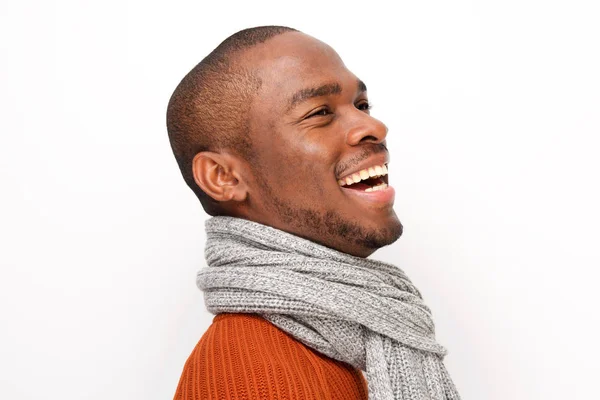 Närbild Sida Porträtt Lycklig Afrikansk Amerikansk Man Mot Vit Bakgrund — Stockfoto