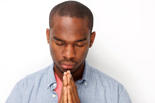 Close Portrait Young Black Man Praying Hands Clasp Together — Stock Photo, Image