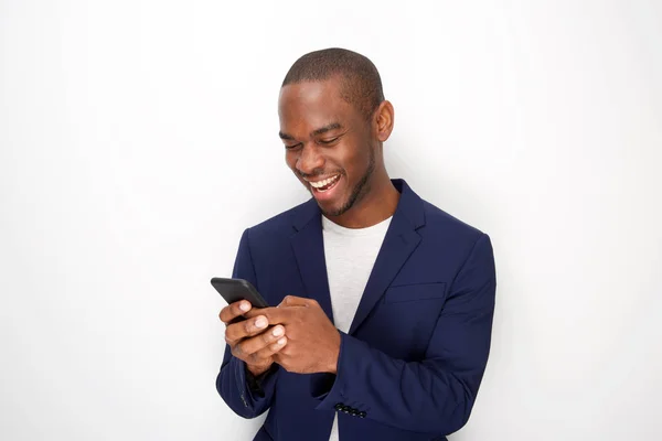 Portrait Handsome Young Black Man Blazer Looking Mobile Phone White — Stock Photo, Image