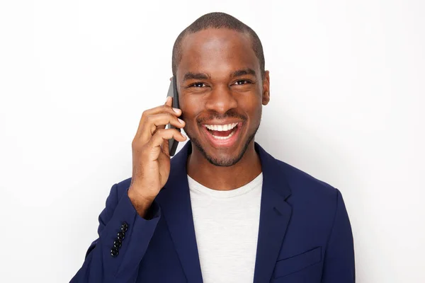 Close Portrait Cheerful Young Black Man Talking Cellphone White Background — Stock Photo, Image