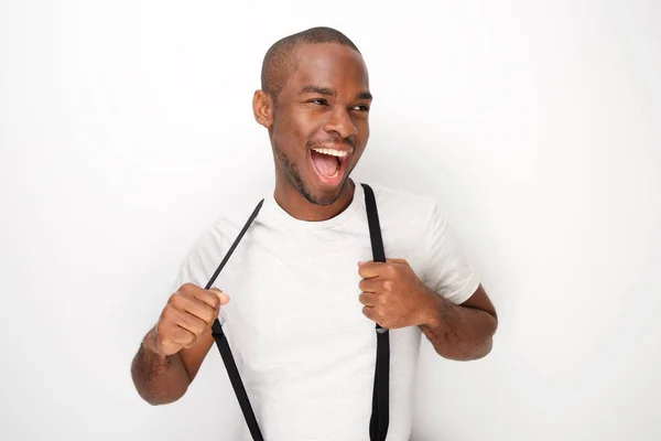 Portrait Cheerful Young Black Man Posing Suspenders White Wall — Stock Photo, Image