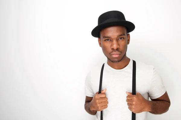 Portrait Black Male Fashion Model Posing Hat Suspenders White Background — Stock Photo, Image