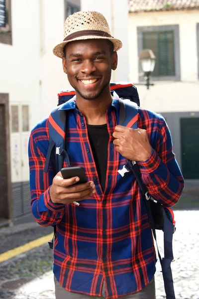 Portrait Smiling African American Travel Man Backpack Mobile Phone — Stock Photo, Image