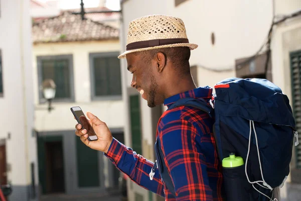 Close Side Portrait Happy African American Man Backpack Mobile Phone — Stock Photo, Image