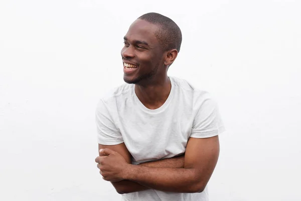 Retrato Hombre Afroamericano Feliz Riendo Con Los Brazos Cruzados Mirando —  Fotos de Stock