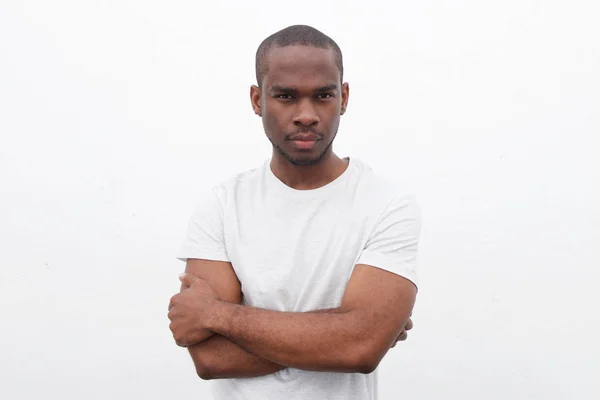 Portrait Handsome Young Black Man Posing Arms Crossed White Background — Stock Photo, Image