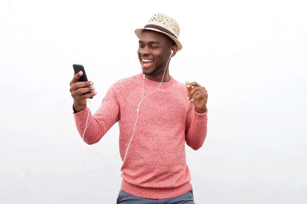 Portrait Cool Young African American Man Listening Music Earphones Mobile — Stock Photo, Image