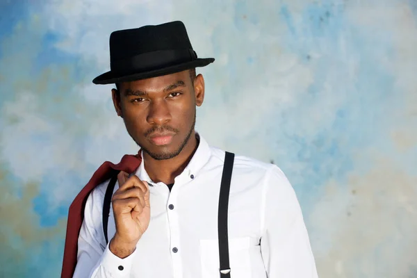 Close Portrait Cool Young African American Man Posing Hat Wall — Stock Photo, Image