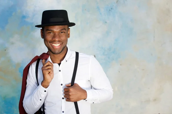 Close Portrait Smiling Young African American Male Fashion Model Posing — Stock Photo, Image