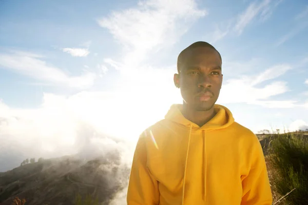 Close Portrait Handsome Young African American Man Hoodie Standing Sunny — Stock Photo, Image