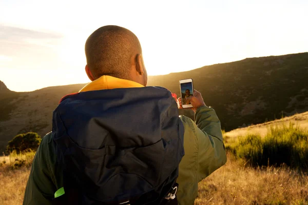 Portrait African American Man Hiking Mobile Phone Taking Selfie Mountains — Stock Photo, Image